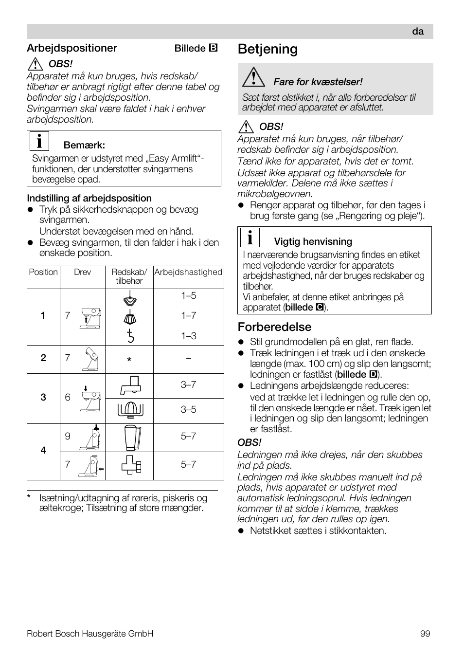 Betjening, Forberedelse | Bosch MUM57810 KITCHEN MACHINE INOX 900W HOME PRO Home Professional User Manual | Page 99 / 208