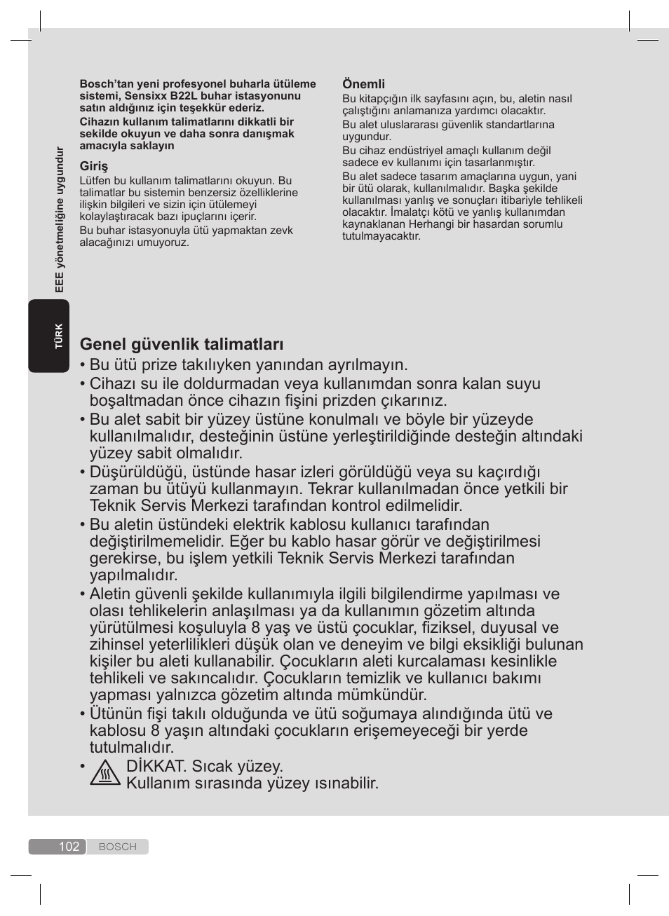 Genel güvenlik talimatları | Bosch TDS2240 Centrale vapeur TDS2240 User Manual | Page 102 / 160