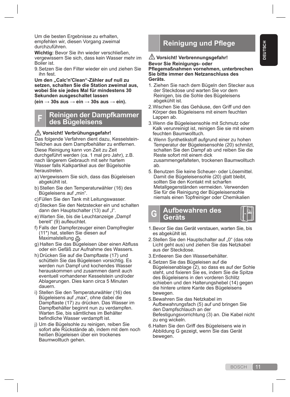 Reinigung und pflege, Aufbewahren des geräts, Reinigen der dampfkammer des bügeleisens | Calc‘n‘clean advanced | Bosch TDS2240 Centrale vapeur TDS2240 User Manual | Page 11 / 160
