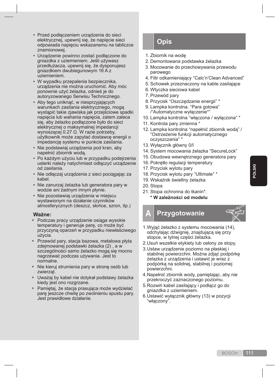 Ogólne instrukcje dotyczące bezpieczeństwa, Przygotowanie | Bosch TDS2240 Centrale vapeur TDS2240 User Manual | Page 111 / 160