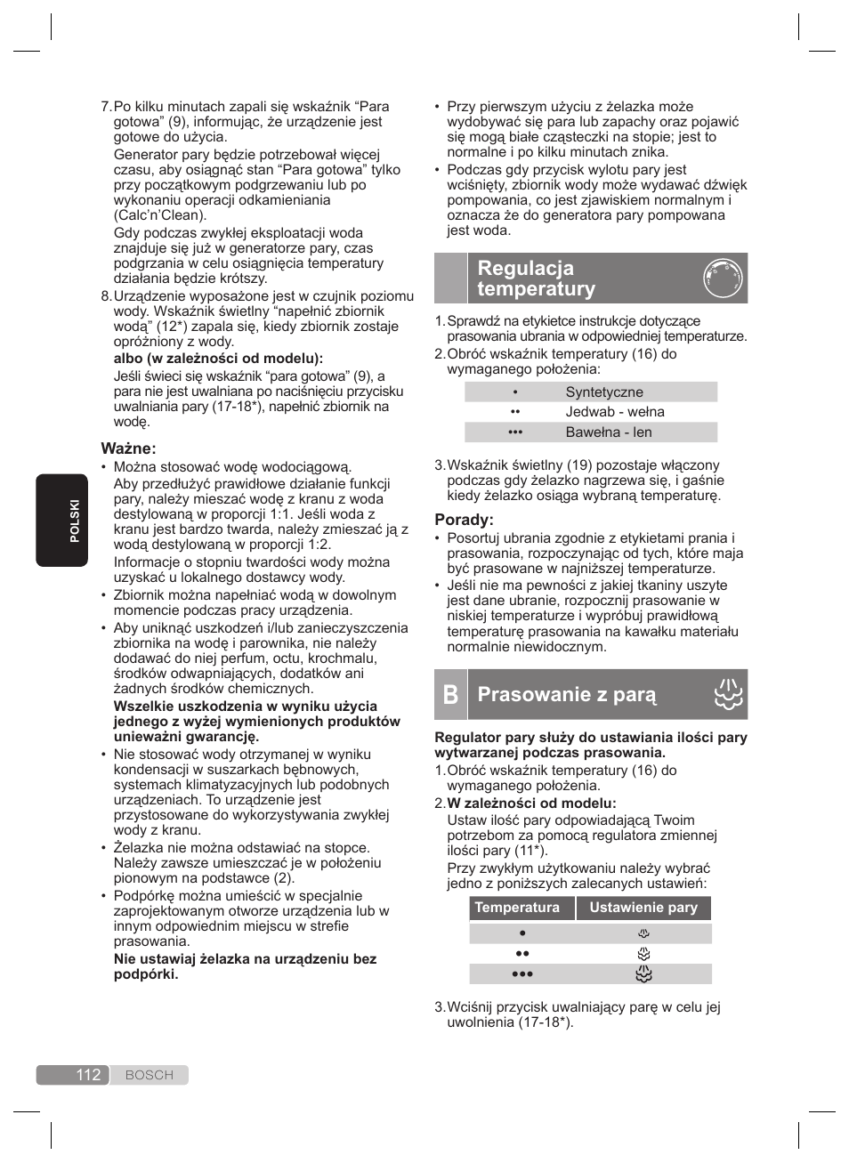 Funkcja “pulsesteam, Regulacja temperatury, Prasowanie z parą | Bosch TDS2240 Centrale vapeur TDS2240 User Manual | Page 112 / 160