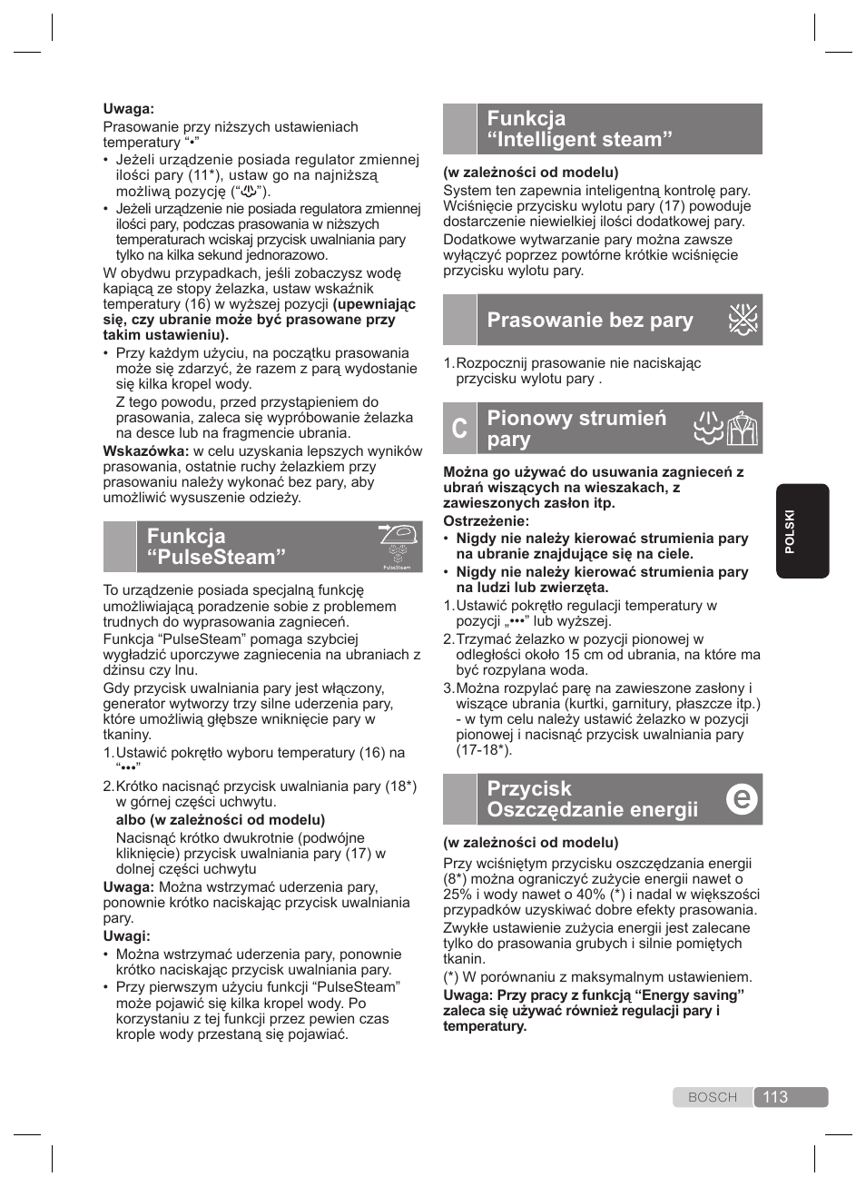 Funkcja “intelligent steam, Prasowanie bez pary, Pionowy strumień pary | Przycisk oszczędzanie energii, Funkcja “pulsesteam, Regulacja temperatury, Prasowanie z parą | Bosch TDS2240 Centrale vapeur TDS2240 User Manual | Page 113 / 160