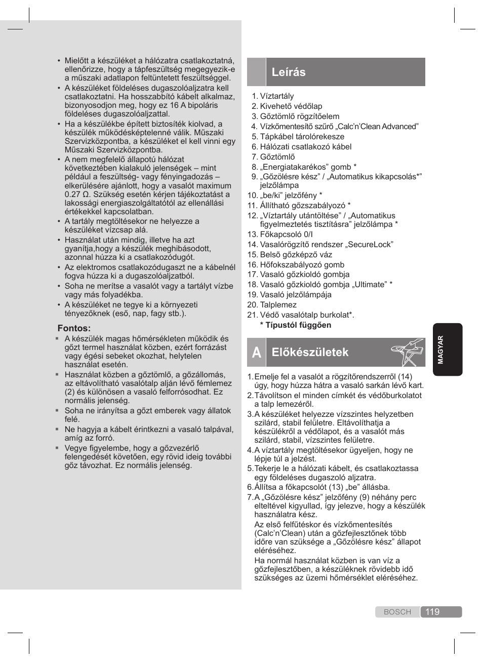 Általános biztonsági előírások, Előkészületek | Bosch TDS2240 Centrale vapeur TDS2240 User Manual | Page 119 / 160