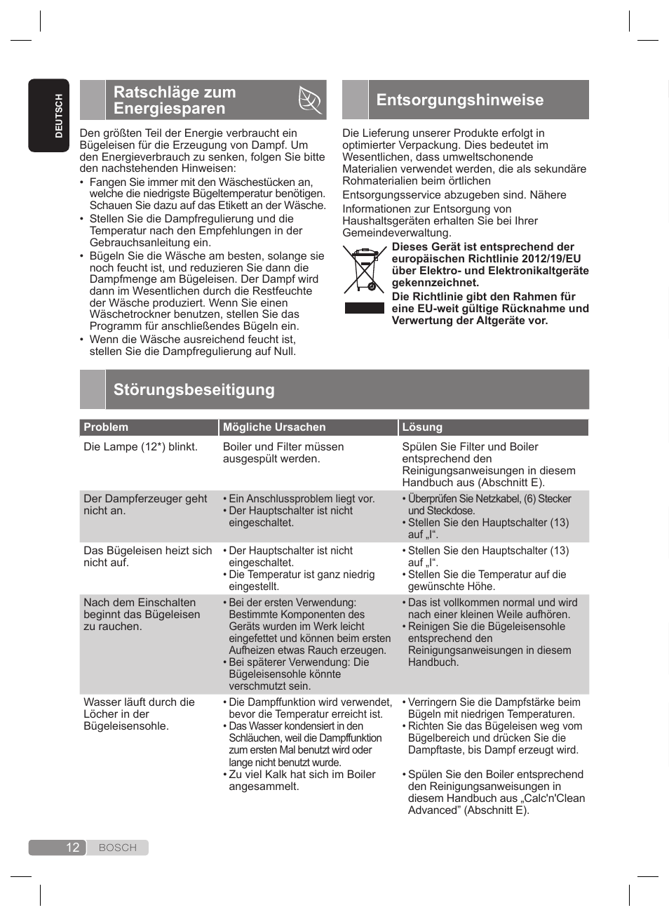 Entsorgungshinweise, Ratschläge zum energiesparen, Störungsbeseitigung | Bosch TDS2240 Centrale vapeur TDS2240 User Manual | Page 12 / 160