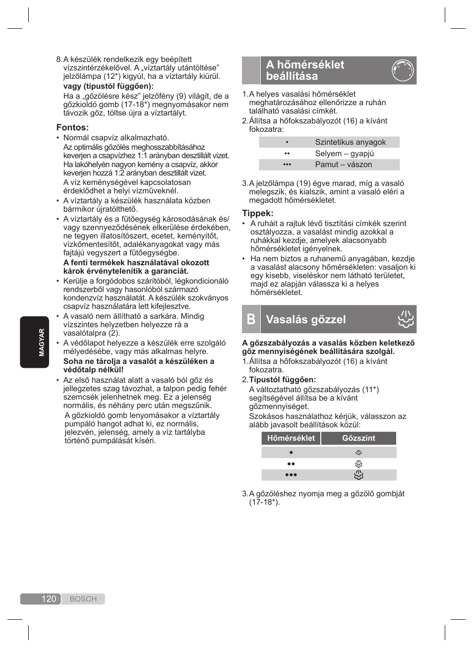 Pulsesteam” funkció, A hőmérséklet beállítása, Vasalás gőzzel | Bosch TDS2240 Centrale vapeur TDS2240 User Manual | Page 120 / 160