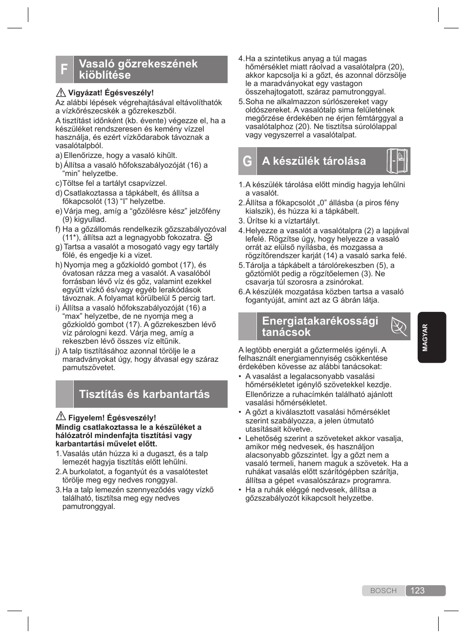 A készülék tárolása, Energiatakarékossági tanácsok, Vasaló gőzrekeszének kiöblítése | Tisztítás és karbantartás | Bosch TDS2240 Centrale vapeur TDS2240 User Manual | Page 123 / 160