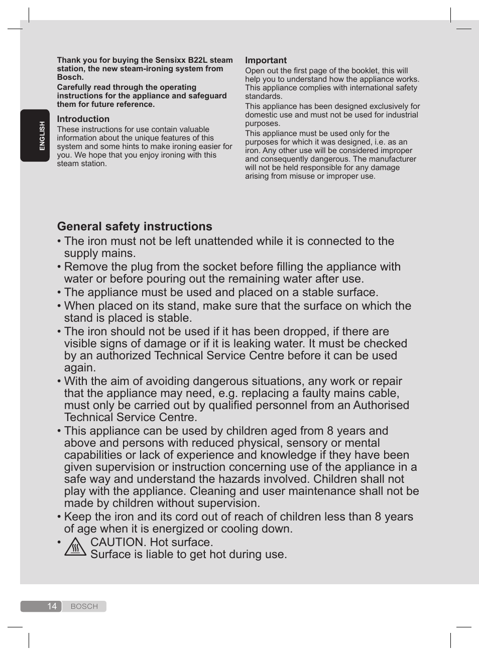 General safety instructions | Bosch TDS2240 Centrale vapeur TDS2240 User Manual | Page 14 / 160