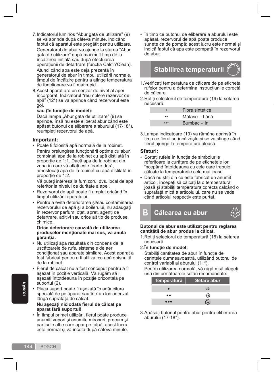 Stabilirea temperaturii, Călcarea cu abur, Funcţia “pulsesteam | Bosch TDS2240 Centrale vapeur TDS2240 User Manual | Page 144 / 160