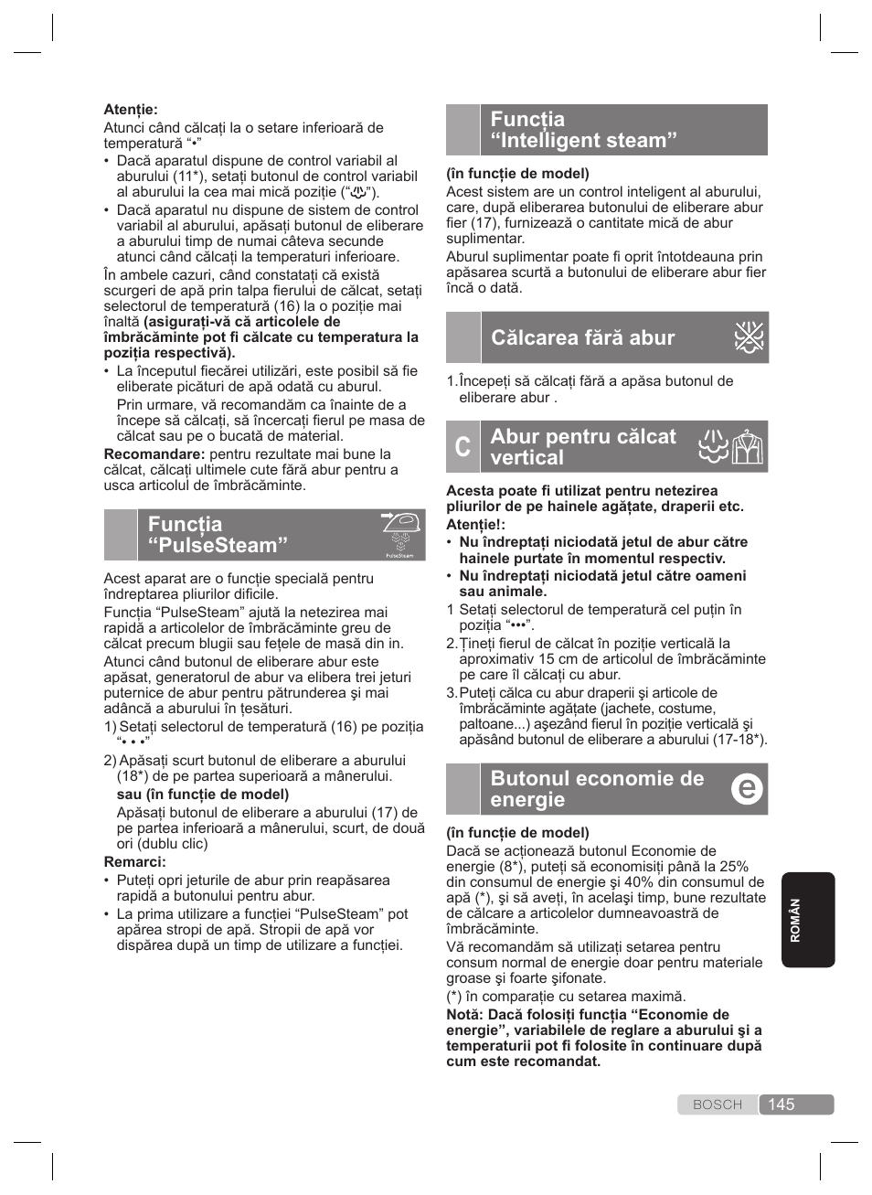 Stabilirea temperaturii, Călcarea cu abur, Funcţia “intelligent steam | Călcarea fără abur, Abur pentru călcat vertical, Butonul economie de energie, Funcţia “pulsesteam | Bosch TDS2240 Centrale vapeur TDS2240 User Manual | Page 145 / 160