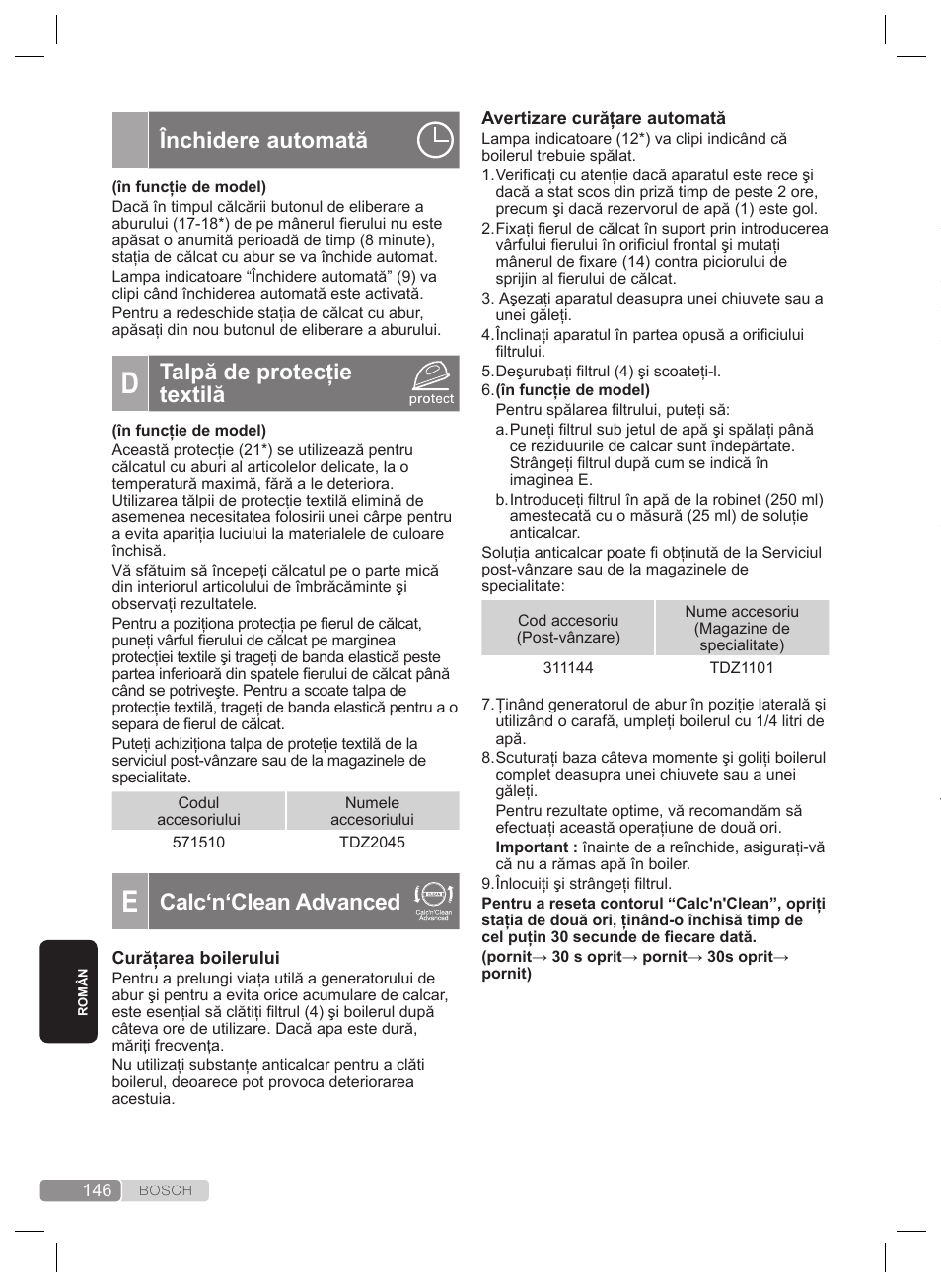 Închidere automată, Talpă de protecţie textilă, Calc‘n‘clean advanced | Bosch TDS2240 Centrale vapeur TDS2240 User Manual | Page 146 / 160