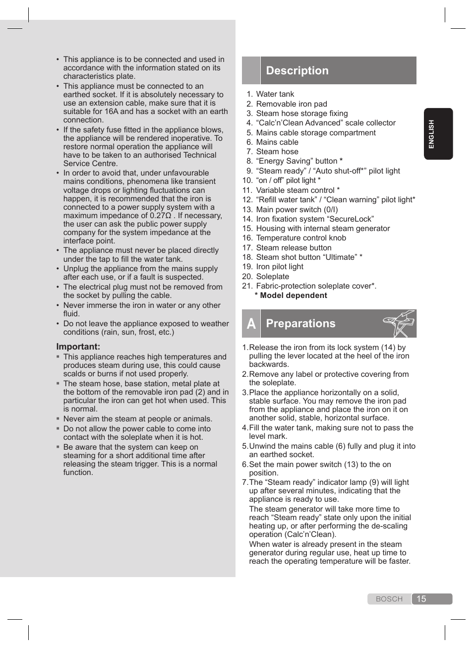 General safety instructions, Preparations | Bosch TDS2240 Centrale vapeur TDS2240 User Manual | Page 15 / 160