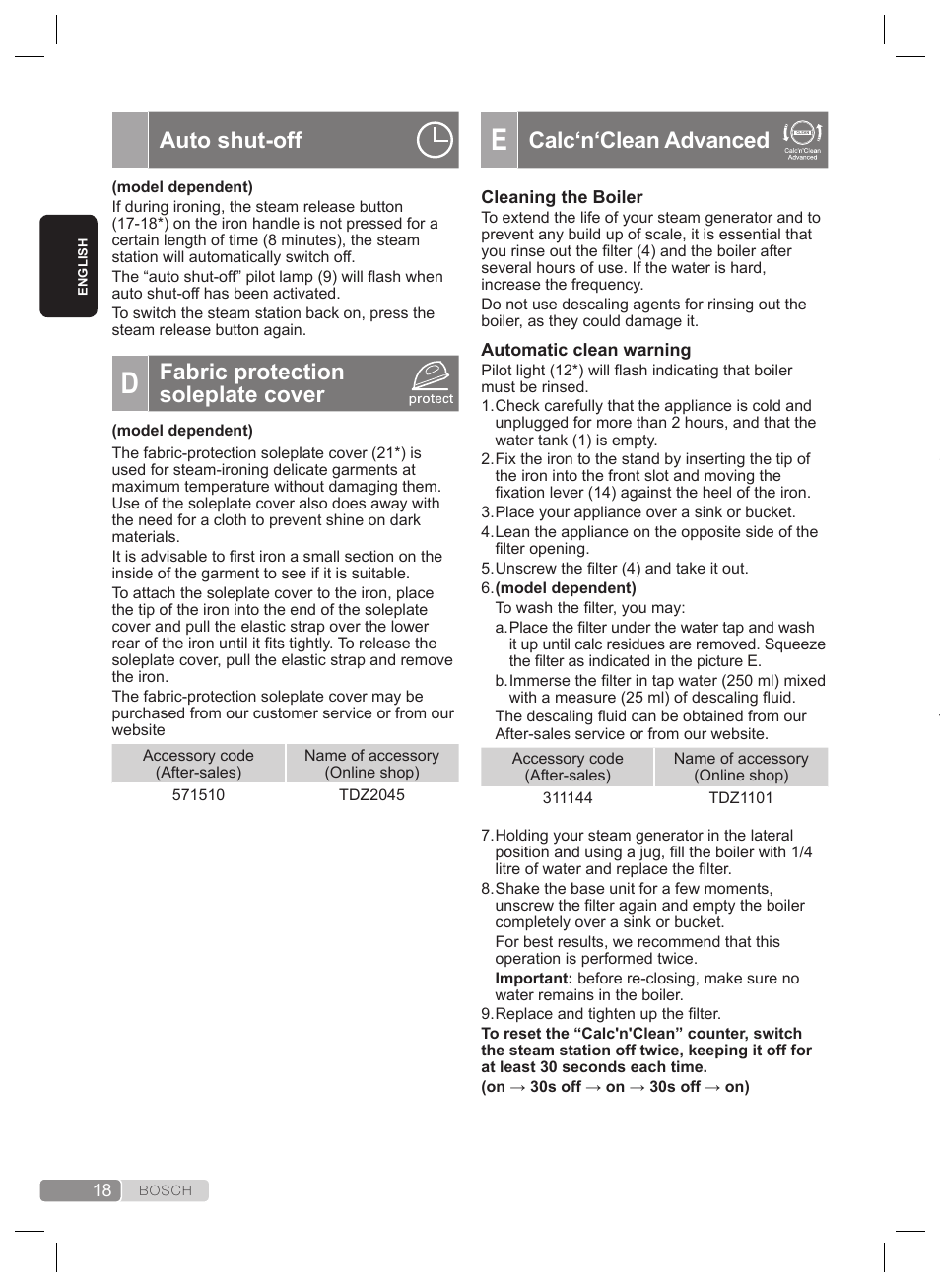 Calc‘n‘clean advanced, Auto shut-off, Fabric protection soleplate cover | Rinsing the iron steam chamber | Bosch TDS2240 Centrale vapeur TDS2240 User Manual | Page 18 / 160