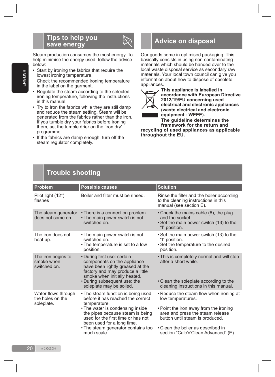 Trouble shooting, Tips to help you save energy, Advice on disposal | Bosch TDS2240 Centrale vapeur TDS2240 User Manual | Page 20 / 160