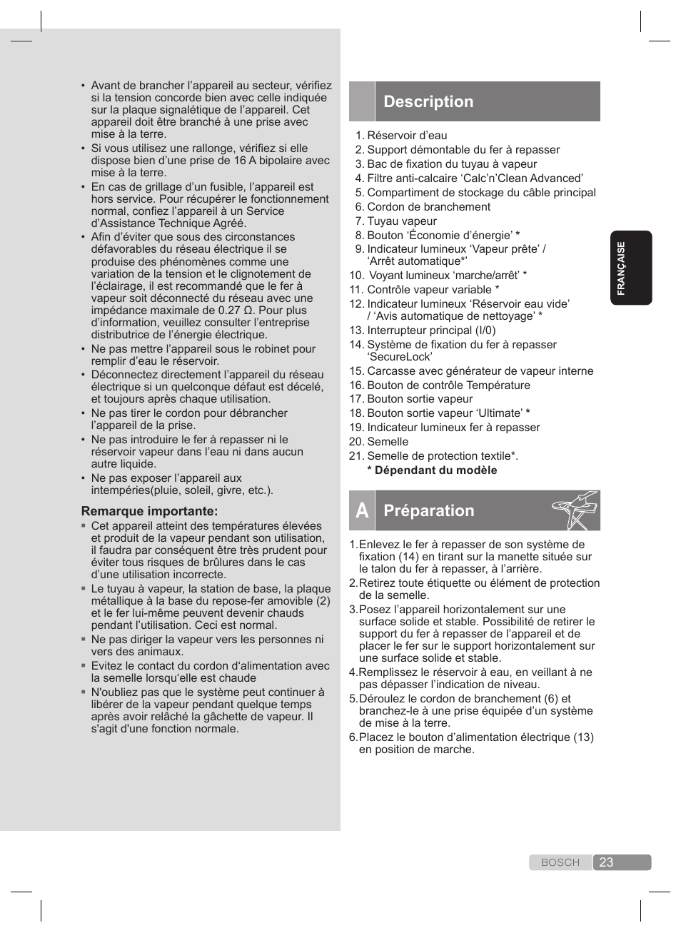 Consignes générales de sécurité, Préparation | Bosch TDS2240 Centrale vapeur TDS2240 User Manual | Page 23 / 160