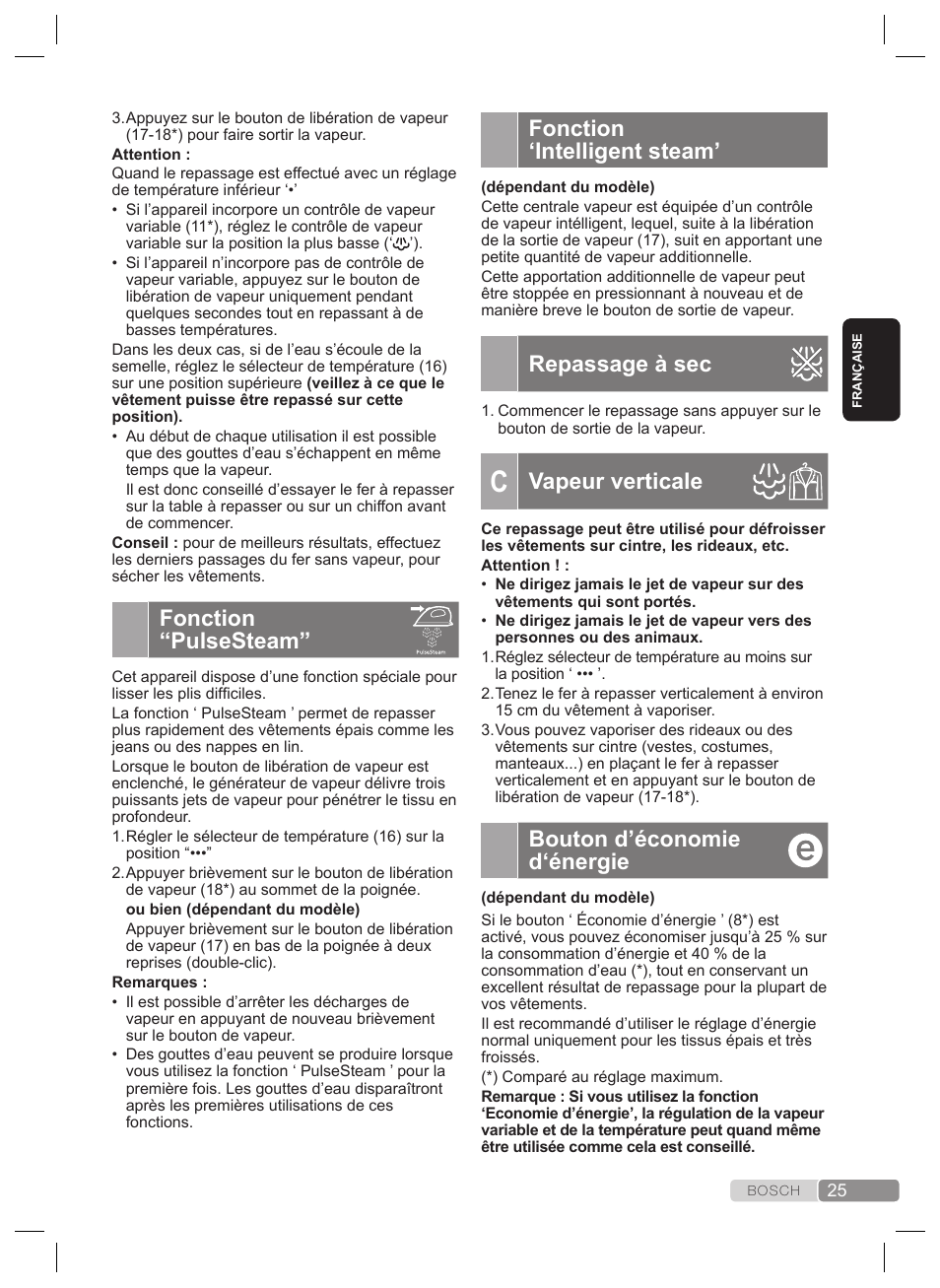 Réglage de la température, Repassage avec de la vapeur, Fonction ‘intelligent steam | Repassage à sec, Vapeur verticale, Bouton d’économie d‘énergie, Fonction “pulsesteam | Bosch TDS2240 Centrale vapeur TDS2240 User Manual | Page 25 / 160