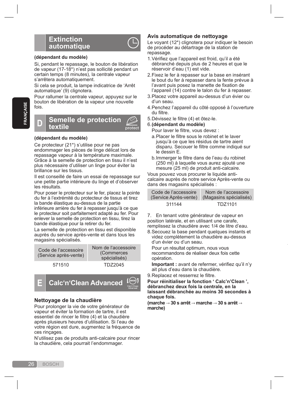 Extinction automatique, Semelle de protection textile, Calc‘n‘clean advanced | Rinçage de la chambre de vapeur du fer, Nettoyage et entretien | Bosch TDS2240 Centrale vapeur TDS2240 User Manual | Page 26 / 160