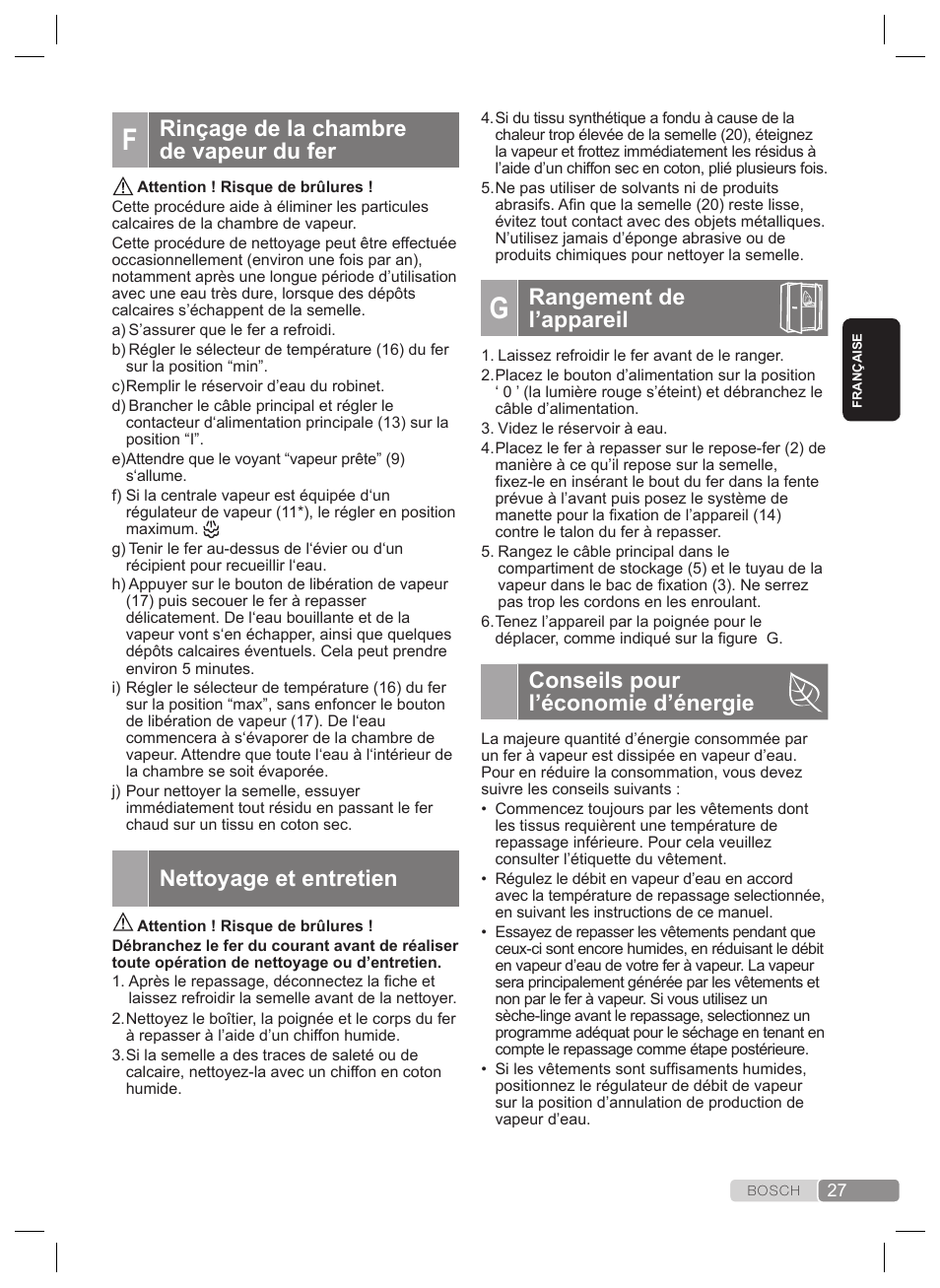 Rangement de l’appareil, Conseils pour l’économie d’énergie, Rinçage de la chambre de vapeur du fer | Nettoyage et entretien | Bosch TDS2240 Centrale vapeur TDS2240 User Manual | Page 27 / 160