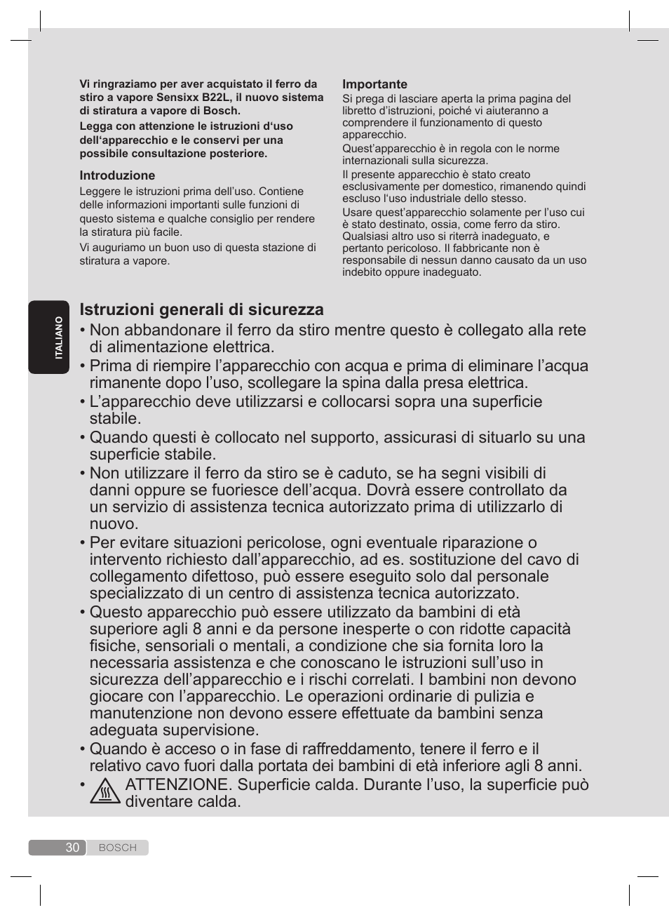 Istruzioni generali di sicurezza | Bosch TDS2240 Centrale vapeur TDS2240 User Manual | Page 30 / 160