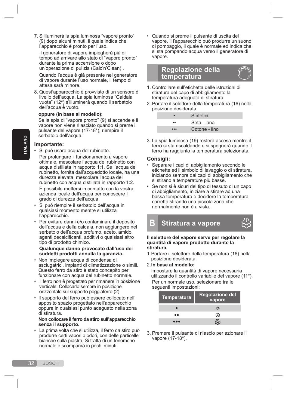 Funzione “pulsesteam, Regolazione della temperatura, Stiratura a vapore | Bosch TDS2240 Centrale vapeur TDS2240 User Manual | Page 32 / 160