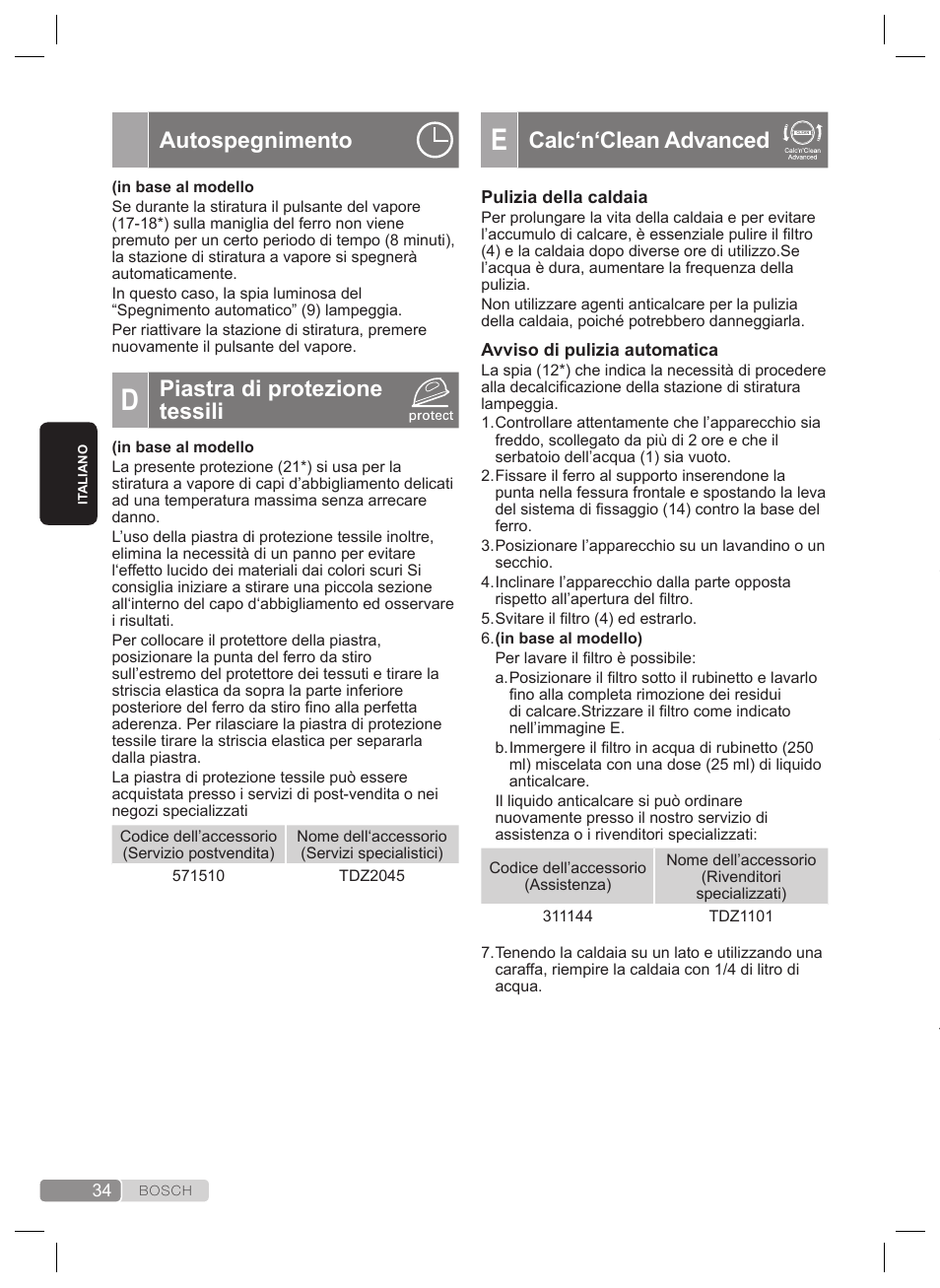 Lavaggio della camera del vapore del ferro, Calc‘n‘clean advanced, Autospegnimento | Piastra di protezione tessili | Bosch TDS2240 Centrale vapeur TDS2240 User Manual | Page 34 / 160