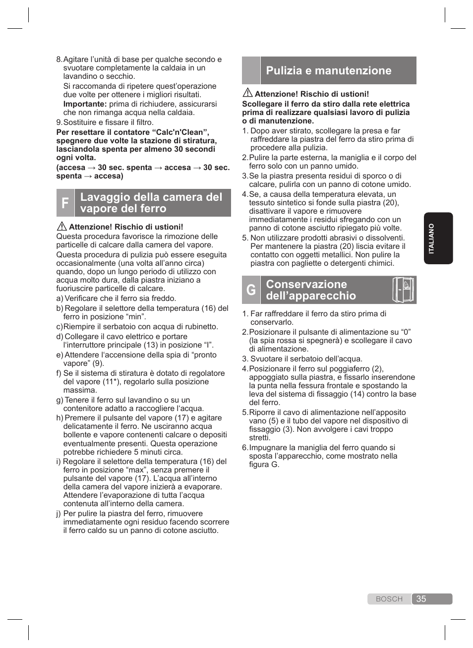 Pulizia e manutenzione, Conservazione dell’apparecchio, Lavaggio della camera del vapore del ferro | Calc‘n‘clean advanced | Bosch TDS2240 Centrale vapeur TDS2240 User Manual | Page 35 / 160
