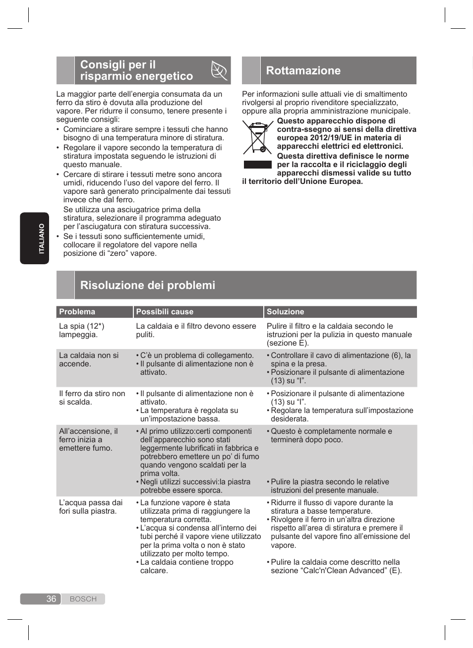Risoluzione dei problemi, Consigli per il risparmio energetico, Rottamazione | Bosch TDS2240 Centrale vapeur TDS2240 User Manual | Page 36 / 160