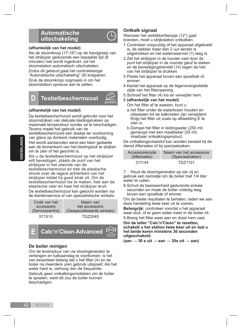 Reiniging & onderhoud, Automatische uitschakeling, Textielbeschermzool | Calc‘n‘clean advanced | Bosch TDS2240 Centrale vapeur TDS2240 User Manual | Page 42 / 160
