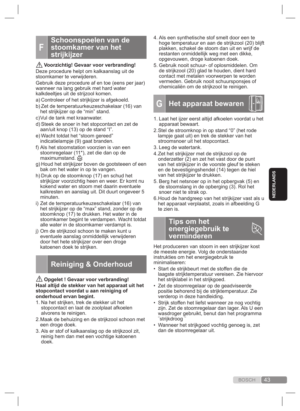 Het apparaat bewaren, Tips om het energiegebruik te verminderen, Reiniging & onderhoud | Bosch TDS2240 Centrale vapeur TDS2240 User Manual | Page 43 / 160