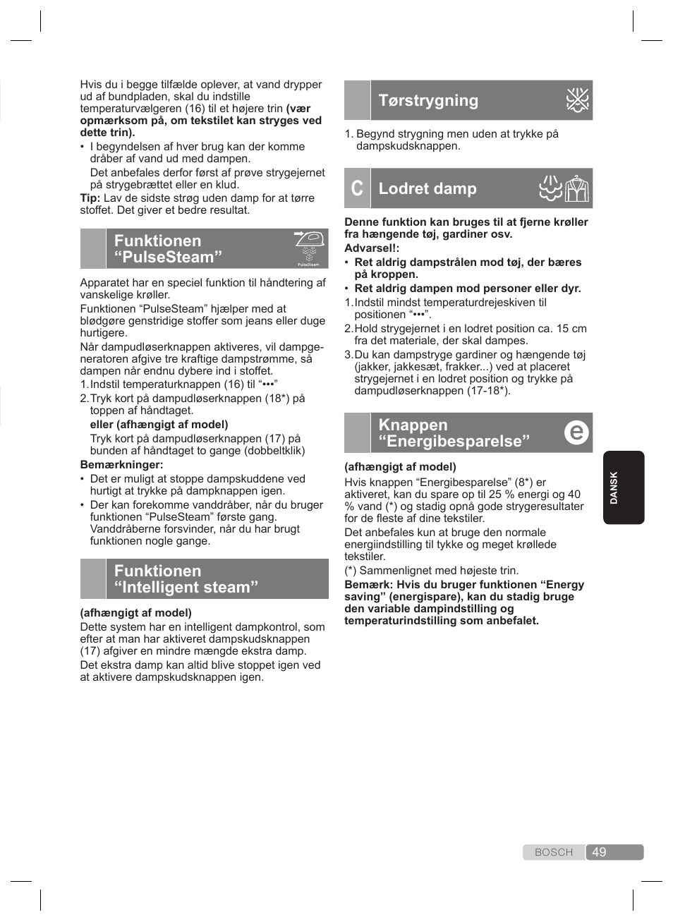 Temperaturindstilling, Dampstrygning, Funktionen “pulsesteam | Funktionen “intelligent steam, Tørstrygning, Lodret damp, Knappen “energibesparelse | Bosch TDS2240 Centrale vapeur TDS2240 User Manual | Page 49 / 160
