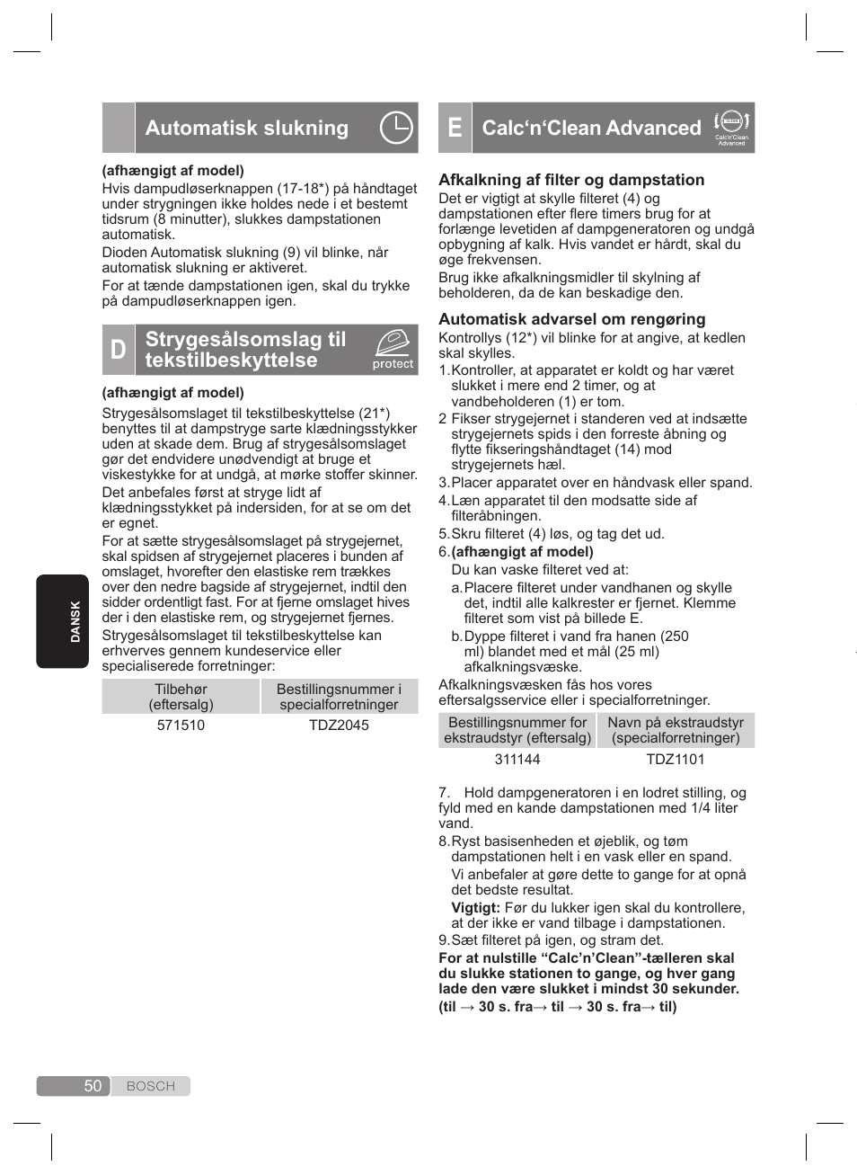 Skylning af dampkammeret i strygejernet, Rengøring og vedligeholdelse, Calc‘n‘clean advanced | Automatisk slukning, Strygesålsomslag til tekstilbeskyttelse | Bosch TDS2240 Centrale vapeur TDS2240 User Manual | Page 50 / 160