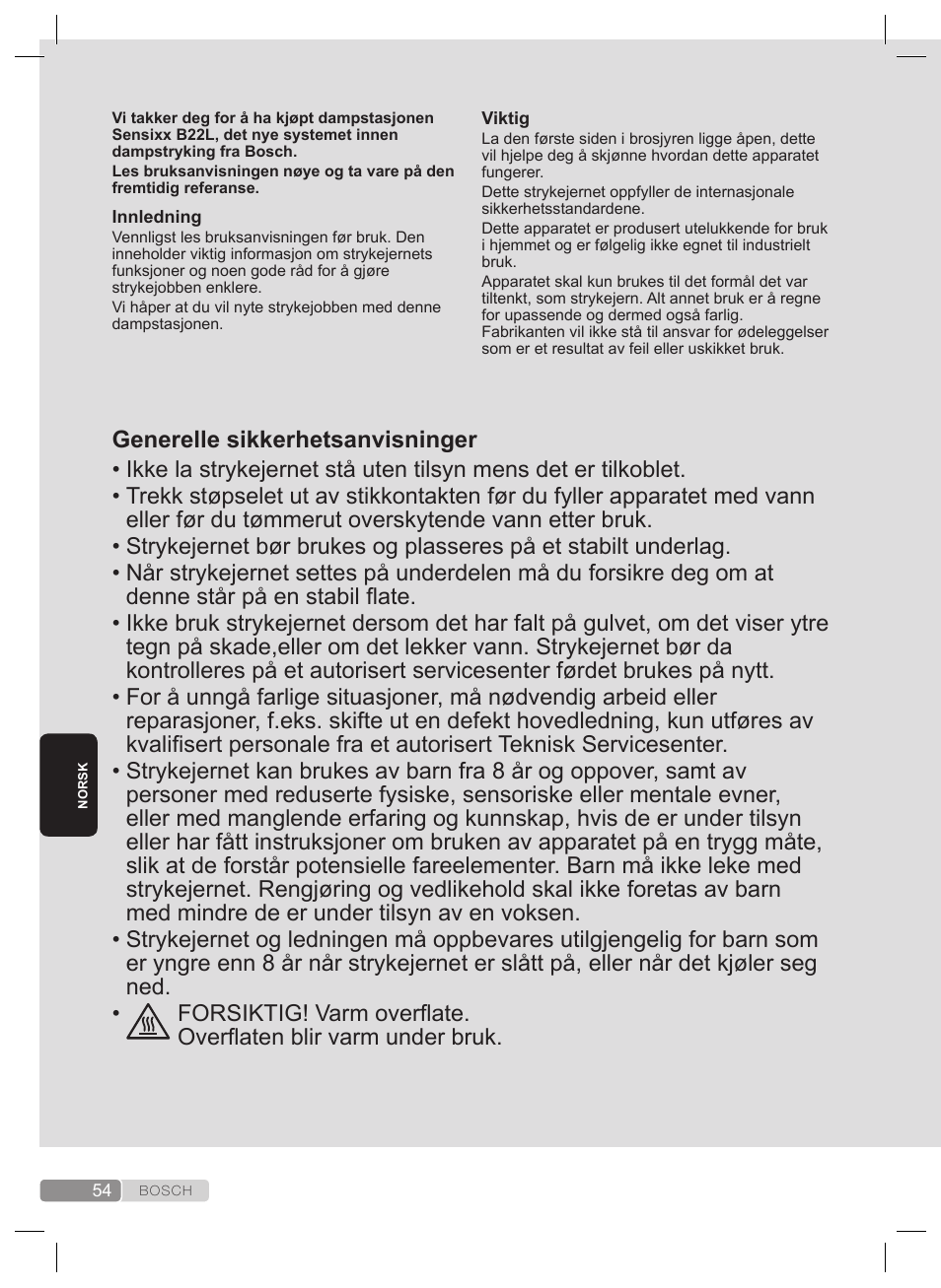 Generelle sikkerhetsanvisninger | Bosch TDS2240 Centrale vapeur TDS2240 User Manual | Page 54 / 160