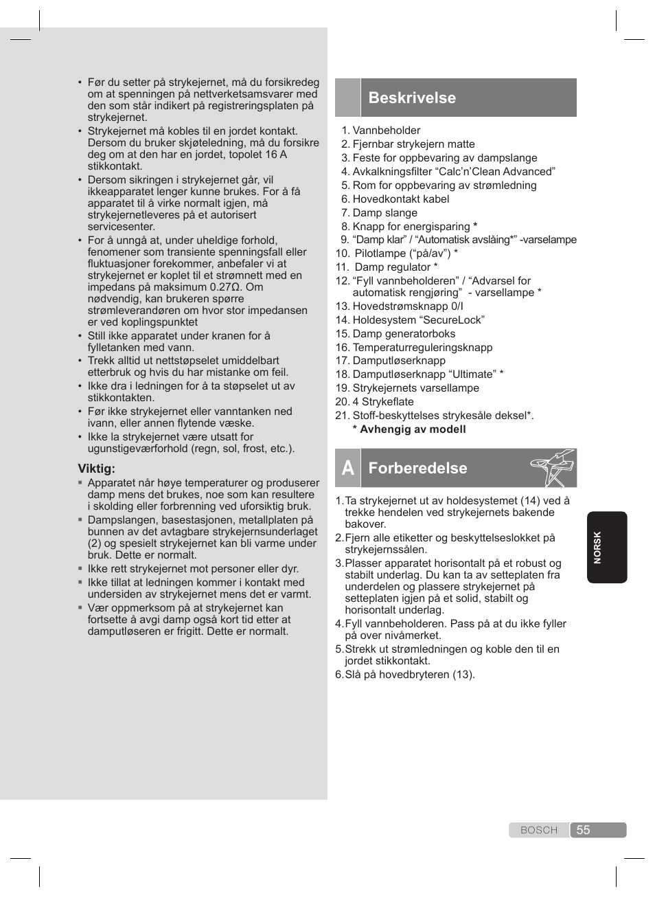 Generelle sikkerhetsanvisninger, Forberedelse | Bosch TDS2240 Centrale vapeur TDS2240 User Manual | Page 55 / 160