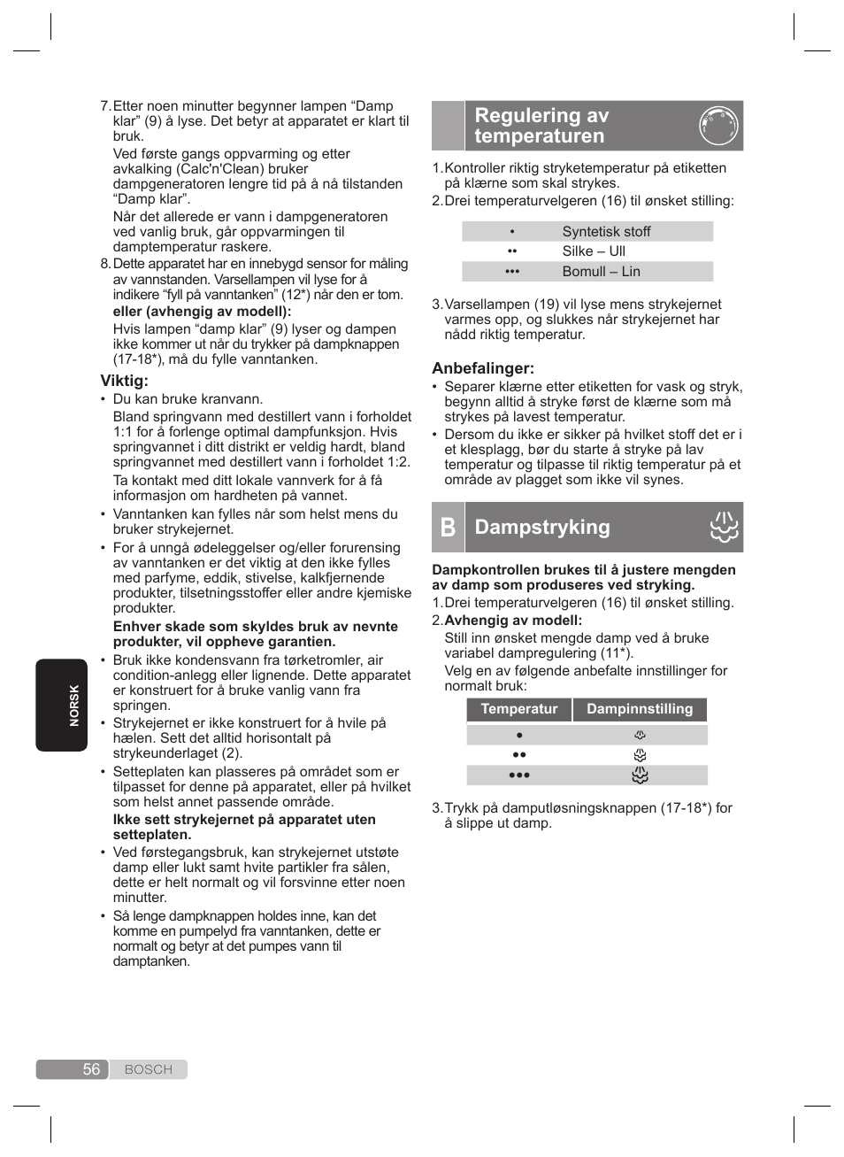 Pulsesteam”- funksjon, Regulering av temperaturen, Dampstryking | Bosch TDS2240 Centrale vapeur TDS2240 User Manual | Page 56 / 160