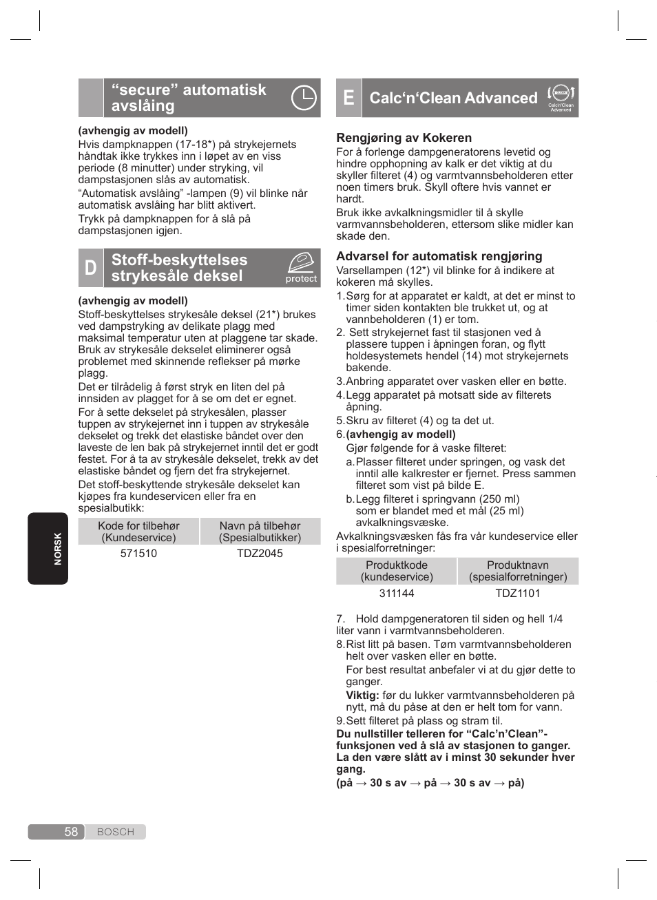 Skylling av strykejernets dampkammer, Rengjøring og vedlikehold, Calc‘n‘clean advanced | Secure” automatisk avslåing, Stoff-beskyttelses strykesåle deksel | Bosch TDS2240 Centrale vapeur TDS2240 User Manual | Page 58 / 160