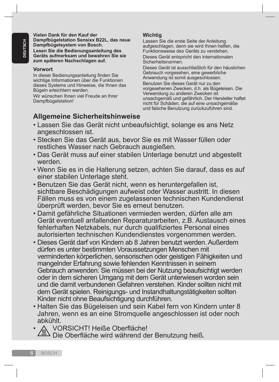 Allgemeine sicherheitshinweise | Bosch TDS2240 Centrale vapeur TDS2240 User Manual | Page 6 / 160