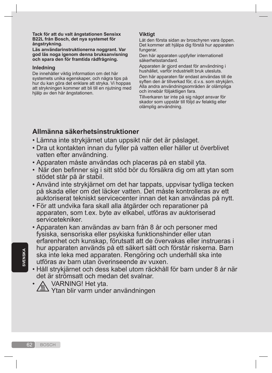 Allmänna säkerhetsinstruktioner | Bosch TDS2240 Centrale vapeur TDS2240 User Manual | Page 62 / 160