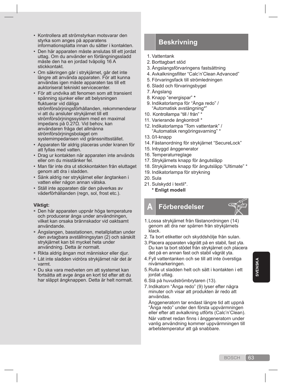 Allmänna säkerhetsinstruktioner, Förberedelser | Bosch TDS2240 Centrale vapeur TDS2240 User Manual | Page 63 / 160