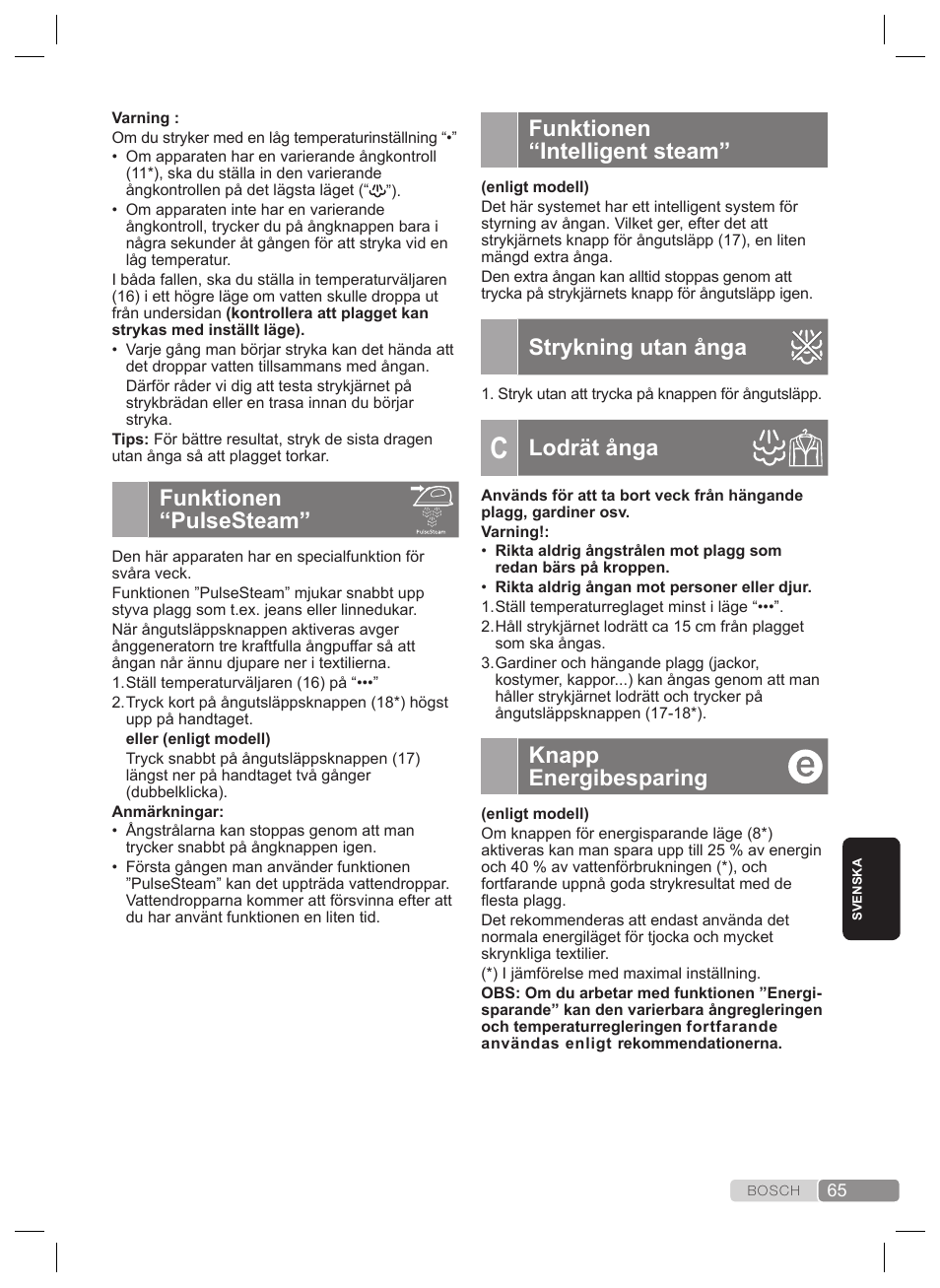 Funktionen “intelligent steam, Strykning utan ånga, Lodrät ånga | Knapp energibesparing, Funktionen “pulsesteam, Temperaturinställning, Strykning med ånga | Bosch TDS2240 Centrale vapeur TDS2240 User Manual | Page 65 / 160