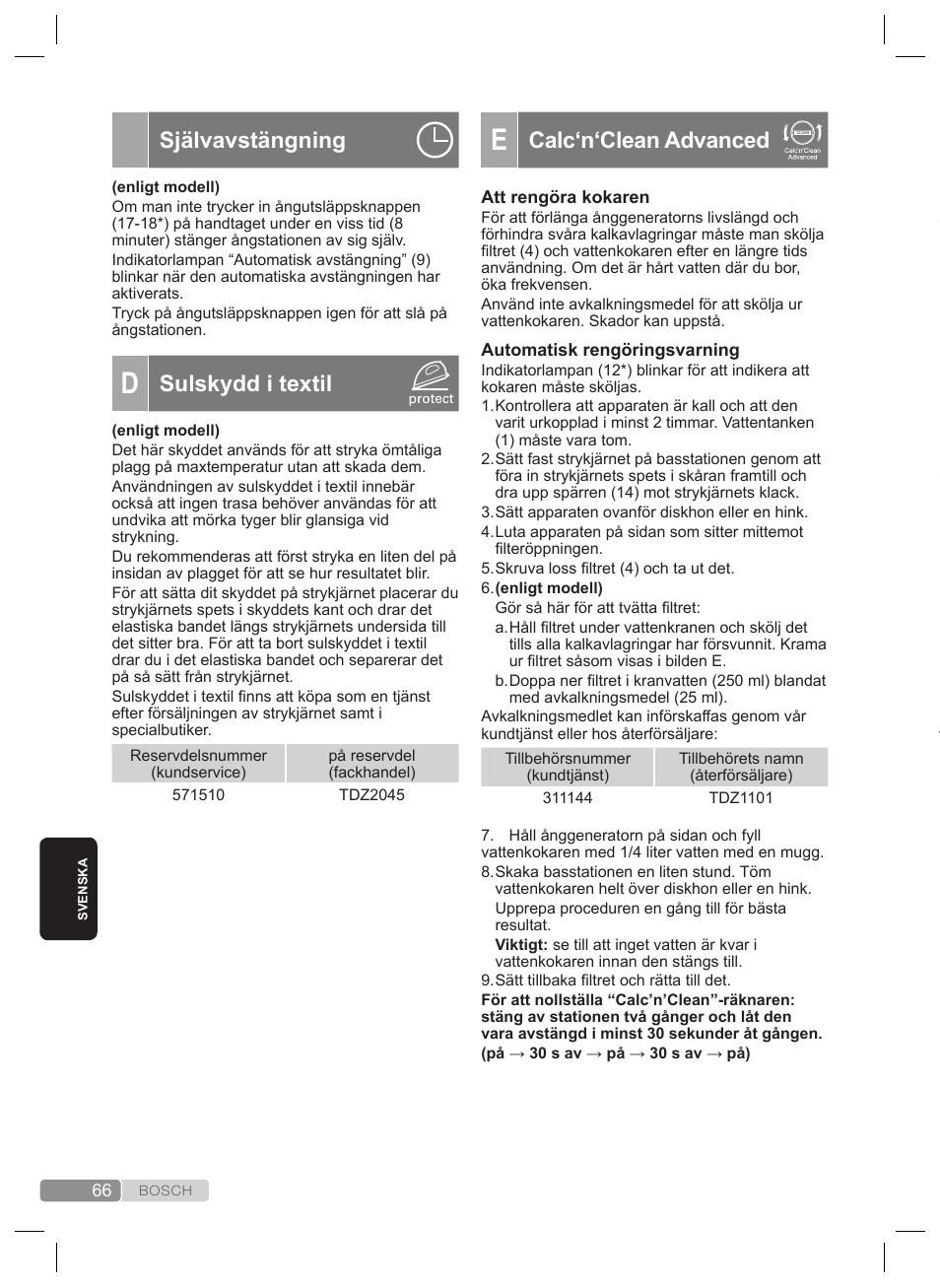 Spolning av strykjärnets ångkammare, Calc‘n‘clean advanced, Självavstängning | Sulskydd i textil | Bosch TDS2240 Centrale vapeur TDS2240 User Manual | Page 66 / 160