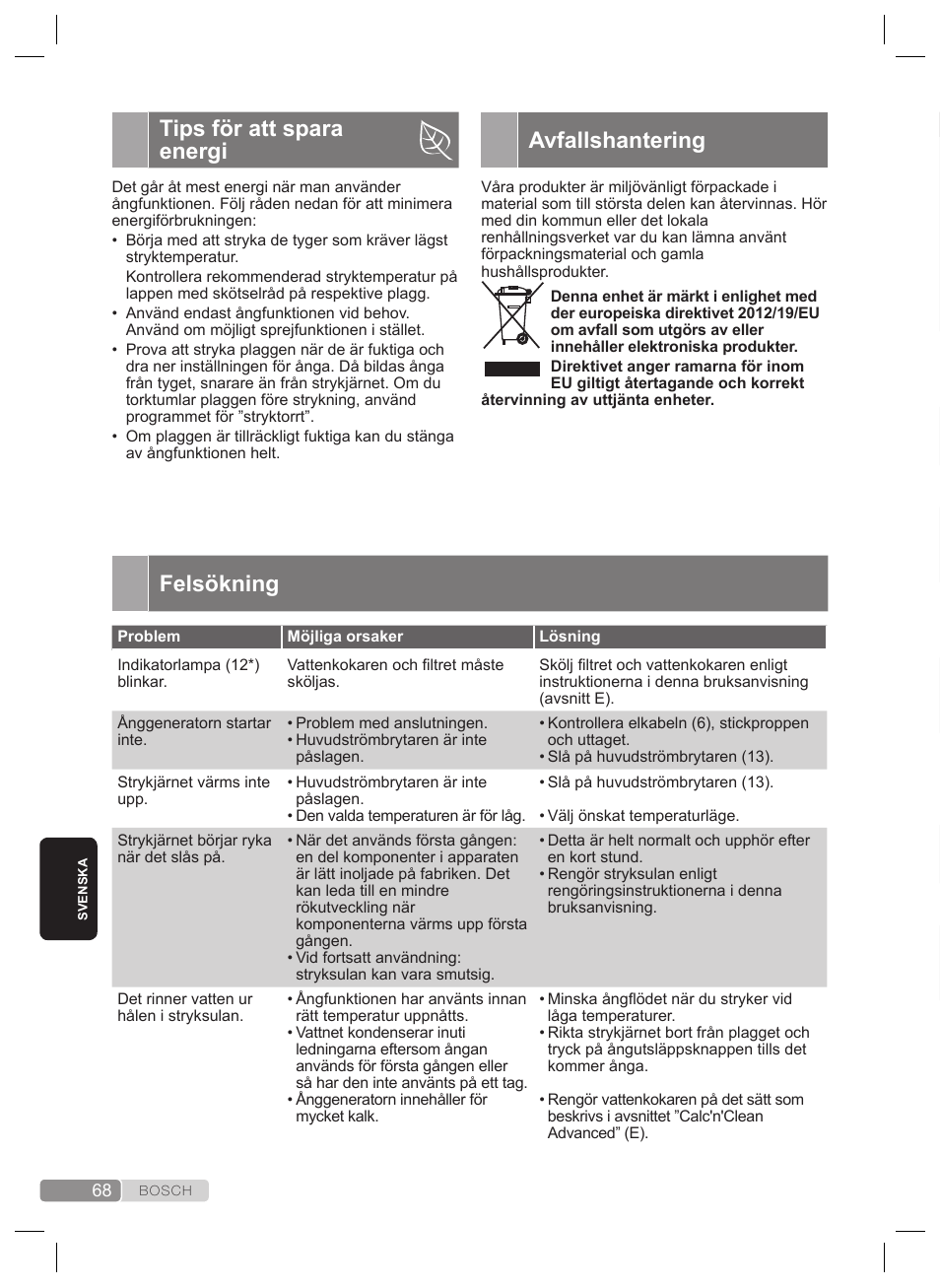 Felsökning, Tips för att spara energi, Avfallshantering | Bosch TDS2240 Centrale vapeur TDS2240 User Manual | Page 68 / 160