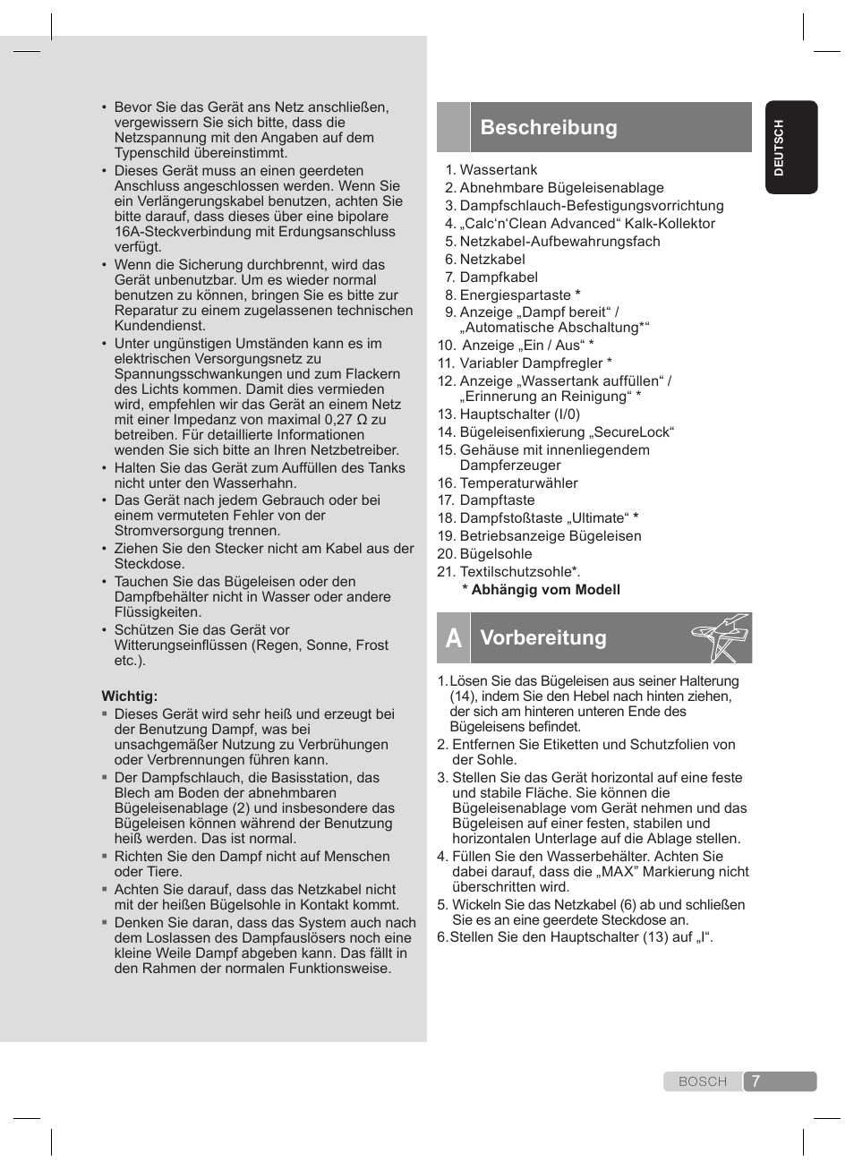 Allgemeine sicherheitshinweise, Beschreibung, Vorbereitung | Bosch TDS2240 Centrale vapeur TDS2240 User Manual | Page 7 / 160