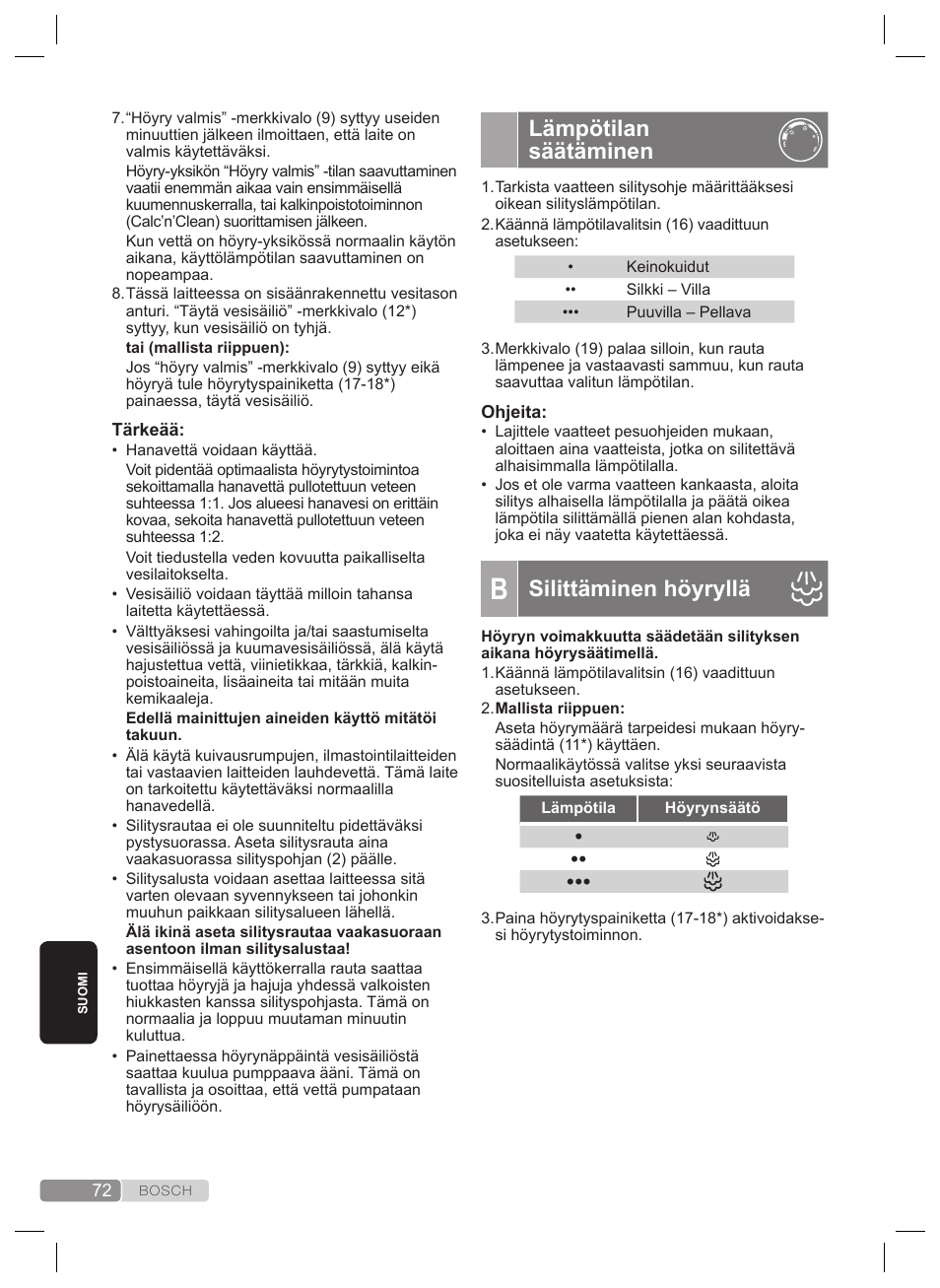 Pulsesteam” -toiminto, Lämpötilan säätäminen, Silittäminen höyryllä | Bosch TDS2240 Centrale vapeur TDS2240 User Manual | Page 72 / 160