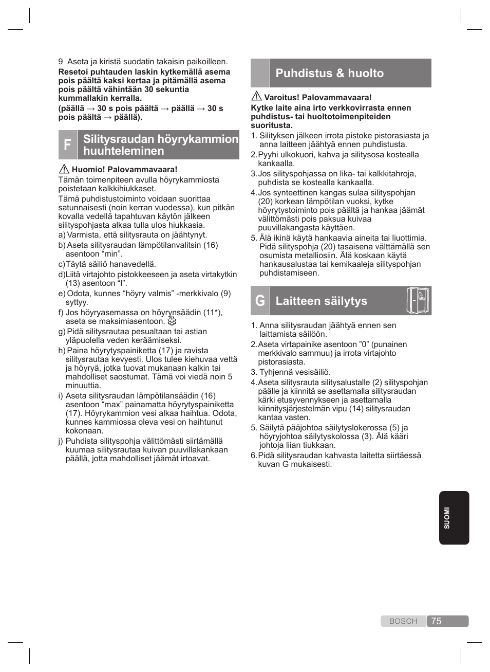 Silitysraudan höyrykammion huuhteleminen, Calc‘n‘clean advanced, Puhdistus & huolto | Laitteen säilytys | Bosch TDS2240 Centrale vapeur TDS2240 User Manual | Page 75 / 160
