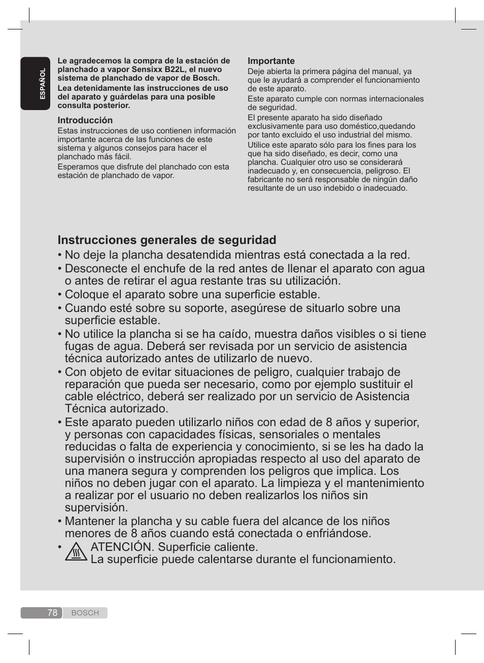 Instrucciones generales de seguridad | Bosch TDS2240 Centrale vapeur TDS2240 User Manual | Page 78 / 160
