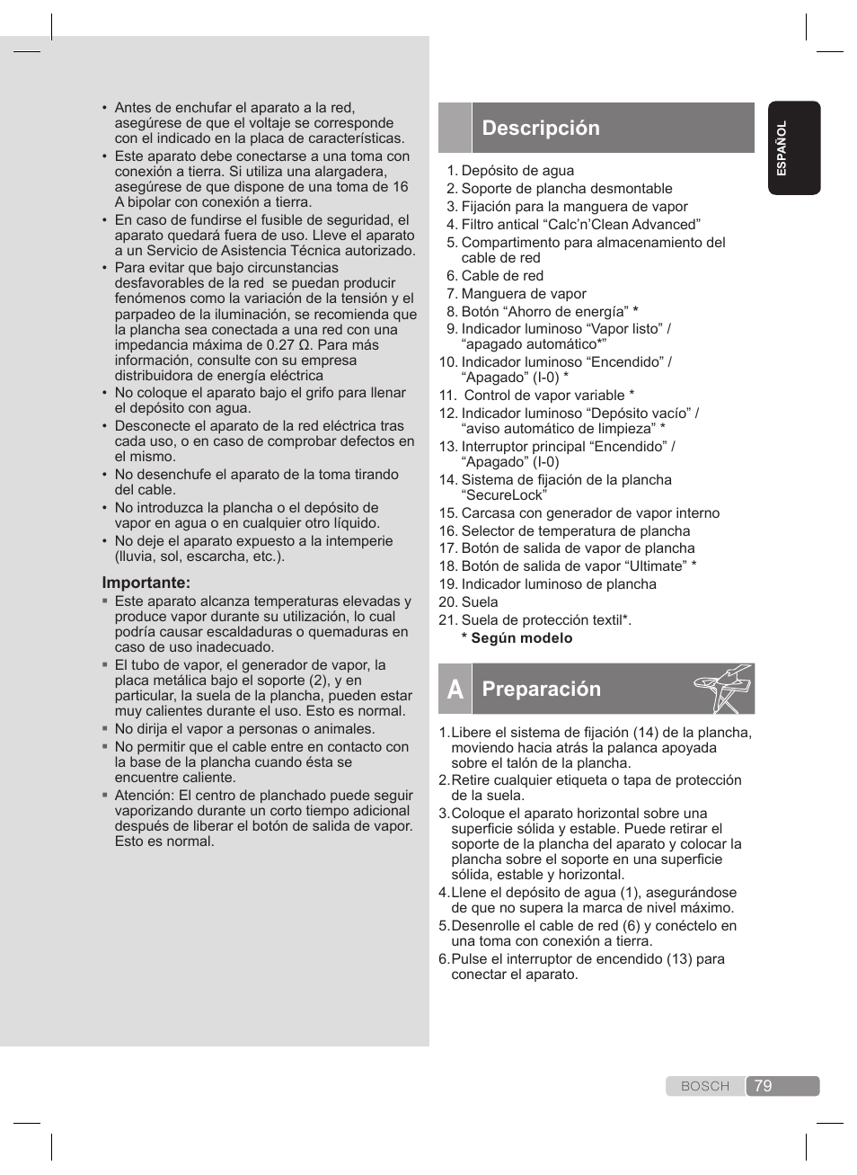 Instrucciones generales de seguridad, Preparación | Bosch TDS2240 Centrale vapeur TDS2240 User Manual | Page 79 / 160