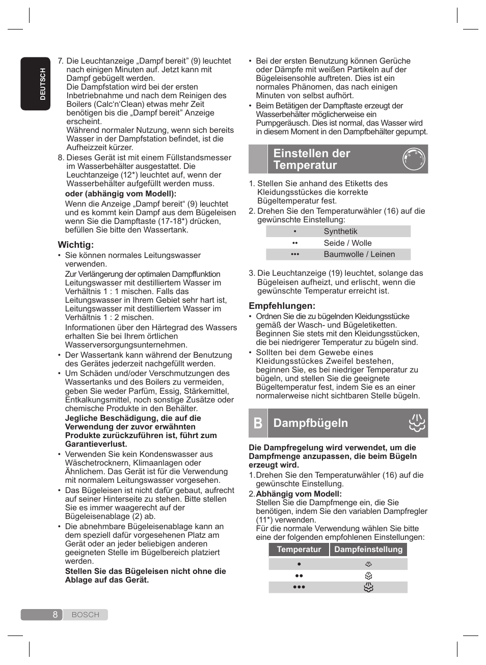 Pulsesteam”- funktion, Einstellen der temperatur, Dampfbügeln | Bosch TDS2240 Centrale vapeur TDS2240 User Manual | Page 8 / 160