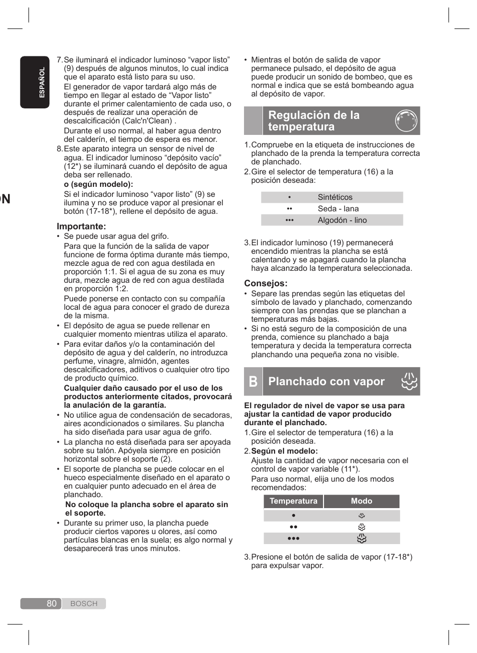 Nº 7 preparación, Función “pulsesteam, Regulación de la temperatura | Planchado con vapor | Bosch TDS2240 Centrale vapeur TDS2240 User Manual | Page 80 / 160