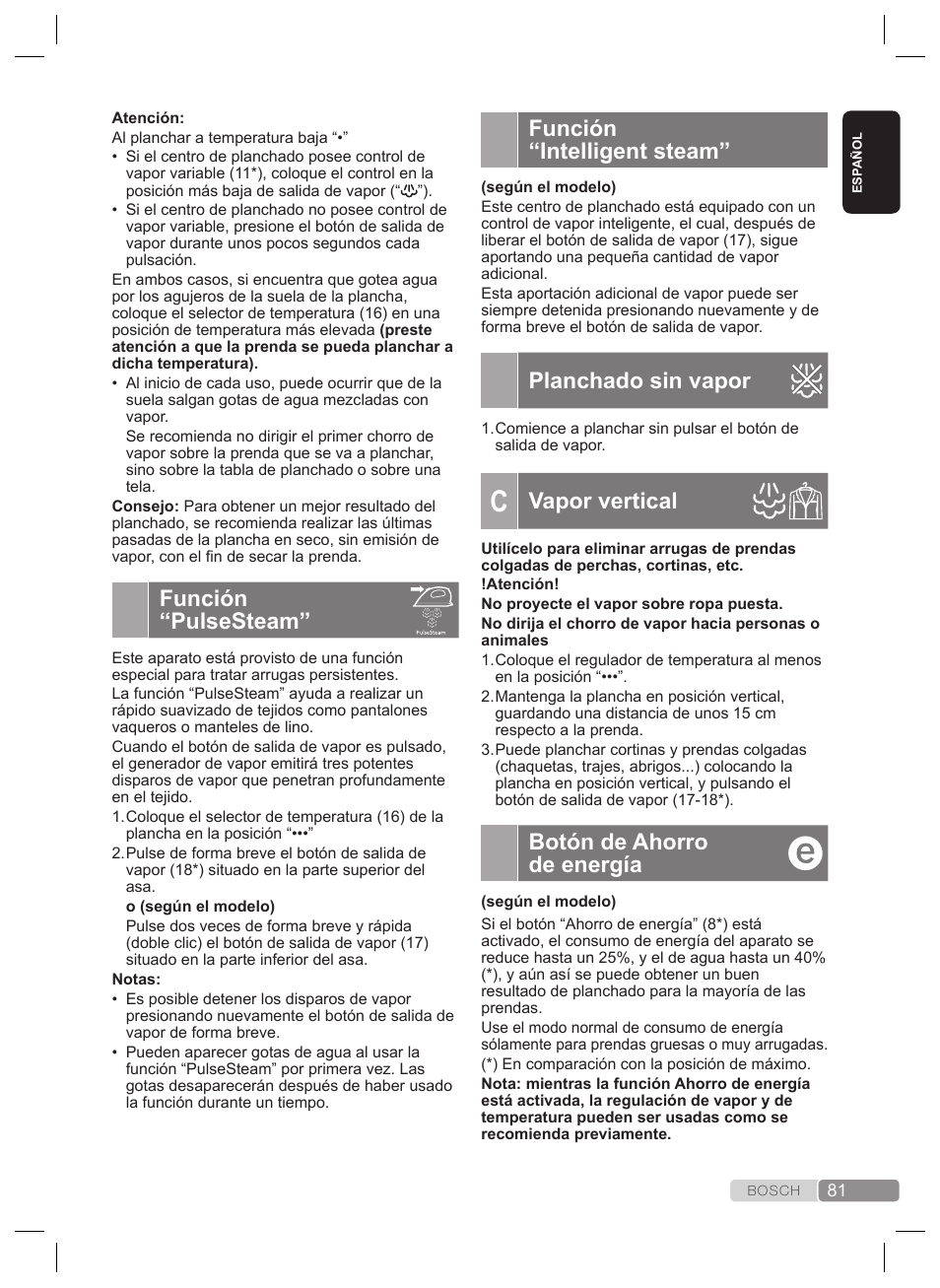 Función “intelligent steam, Planchado sin vapor, Vapor vertical | Botón de ahorro de energía, Función “pulsesteam, Regulación de la temperatura, Planchado con vapor | Bosch TDS2240 Centrale vapeur TDS2240 User Manual | Page 81 / 160