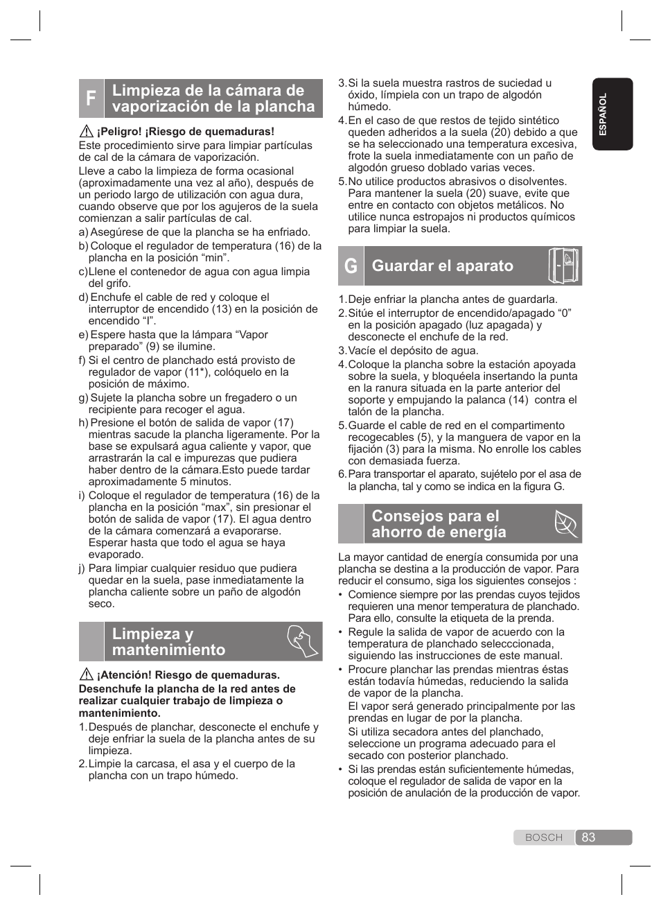 Guardar el aparato, Consejos para el ahorro de energía, Limpieza y mantenimiento | Bosch TDS2240 Centrale vapeur TDS2240 User Manual | Page 83 / 160
