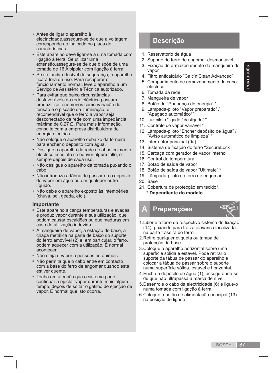 Instruções gerais de segurança, Descrição, Preparações | Bosch TDS2240 Centrale vapeur TDS2240 User Manual | Page 87 / 160